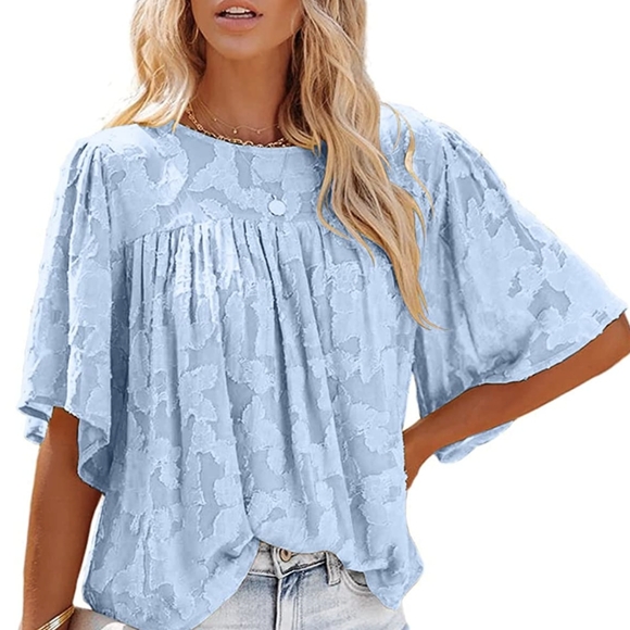 Tops - Woman's Osazic 3/4 Sleeve Loose Fit Summer Top Floral Sky Blue-Size Large